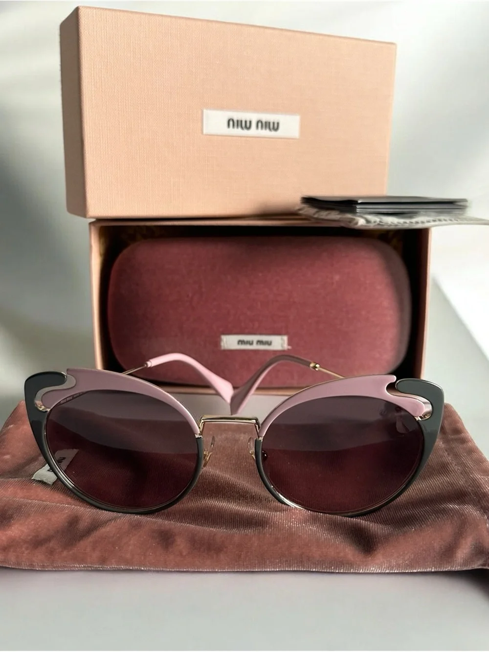 Miu Miu MU 57TS Noir Evolution Cat Eye Sunglasses Pink Gold Full Set